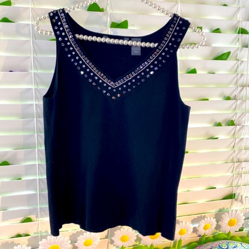 Hillard & Hanson black top with silver sequin neckline